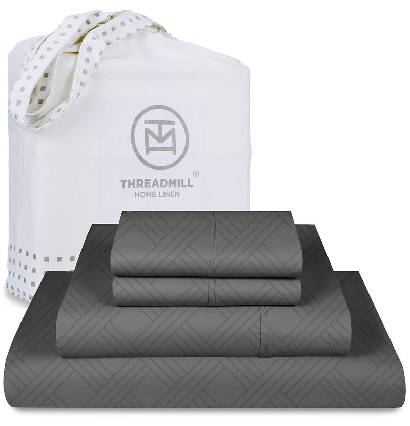 Threadmill ملاءات سرير كوين فاخرة من القطن بنسبة 100% من Threadmill - عدد 800 خيط من قماش الجاكار سيلين رمادي داكن أفضل من القطن المصري، طقم سرير مخطط مكون من 4 قطع من ملاءات السرير الدمشقية مع جيب عميق مطاطي - Image 1